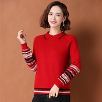 金兔2021年冬季新款翻领针织衫女式长袖花纹 JX02824004-L码红 宽松舒适百搭