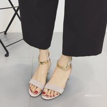 17夏2017夏女鞋露趾中空链子脚环绑带细跟中跟凉鞋1766-5(37)(灰色)