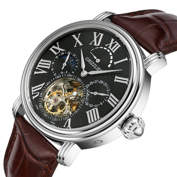 grizzlies灰熊瑞士机械表 鱿鱼皮带 罗马陀飞轮系列 防水镂空男表