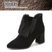 SUNTEK尖头短靴女2021秋季新款鞋子冬高跟加绒毛毛棉鞋羊反绒粗跟马丁靴(36 黑色（加绒）)