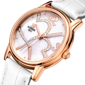 瑞士宾格（BINGER）手表女表女士手表石英表爱心灵犀系列粉红色水钻典雅贝母面白色皮带腕表(553-2玫金白面)