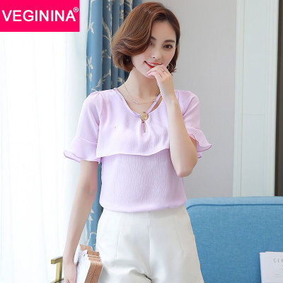 VEGININA 百搭v领短袖系带宽松显瘦小衫 9593(紫罗兰 S) VEGININA 百搭v领短袖系带宽松显瘦小衫 9593(紫罗兰 S)