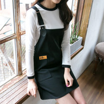 Mistletoe新款裙子秋韩版女装 撞色打底衫长袖两件套背带连衣裙(黑色 XL)