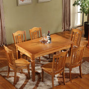 祥融 餐桌 简约现代实木餐桌椅组合长方形饭桌西餐桌(柚木色 一桌六椅（1.3）)