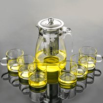 （304不锈钢胆）防爆耐热玻璃泡茶壶花茶壶玻璃茶杯过滤茶具套装(（加厚防爆）900ml壶 1壶+6中杯)