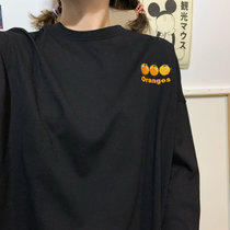 SUNTEK长袖t恤女装韩版宽松春季春白色chic上衣2022年新款学生百搭ins潮(均码 黑色橙子)