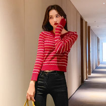 MISS LISA复古风慵懒条纹毛衣女外穿圆领显瘦内搭打底上衣2253(红色 XL)