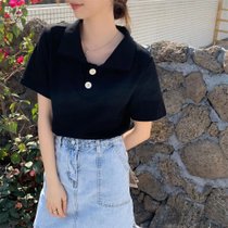 SUNTEK日系polo衫短袖t恤女夏季2022年新款美式复古ins潮原宿风半袖上衣(XL 黑色)