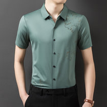 冰丝短袖寸衬衫男夏季新款青年免烫条纹休闲商务男士衬衣爸爸上衣   WLXF C-6(PB-WLXF C-6绿色 125)
