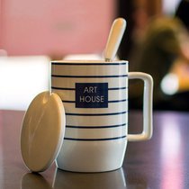 陶瓷杯 马克杯 咖啡杯 创意杯子 水杯情侣对杯 条纹杯带盖勺(蓝色-蓝白条纹)