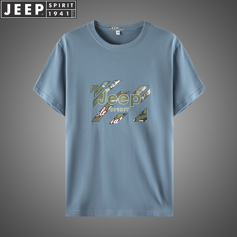 JEEP吉普圆领短袖t恤男士专卖新款全棉休闲透气半袖T恤打底衫上衣字母体恤衫(2J2018蓝色 XL)