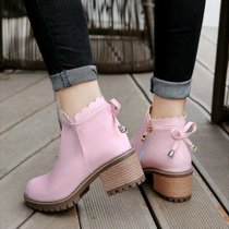 2017秋冬优雅蝴蝶结花边侧拉链绒里粗跟中跟方跟厚底休闲女士短靴(32)(粉红色)