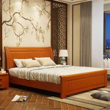 夏树 实木床中式实木婚床m8083(海棠色普通床 1.5m单床)