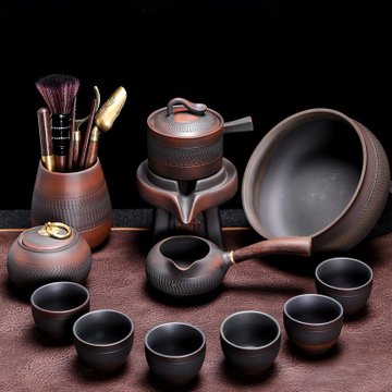 复古高端陶瓷全自动茶杯石磨懒人泡茶器12头紫陶跳刀自动茶具安全包装