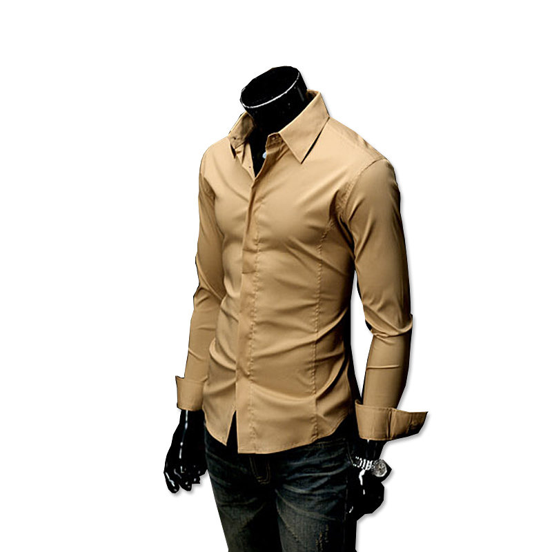 uyuk 有衣有靠 男士翻领长袖纯色收腰衬衫 7214(卡其 xxl)