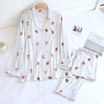 SUNTEK莫代尔月子服夏季薄款孕妇睡衣产妇哺乳衣夏天透气7月份6家居服(淡蓝-系扣小熊莫代尔)