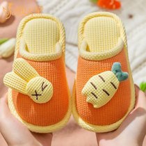 SUNTEK回力儿童卡通可爱棉拖鞋男童女童居家室内地板防滑厚底亚麻布拖鞋(32-33(内长约19.5cm) 桔色萝卜兔(包头款))