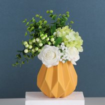 北欧陶瓷折纸花瓶莫兰迪花器仿真花艺玫瑰套装客厅玄关装饰摆件(黄花瓶+白绣球把束)