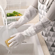 家务洗碗手套加绒手套透白洗衣防水塑胶皮家用清洁橡胶防滑耐用厨房洗菜(透白长款加绒束口手套（均码） 1双装)