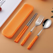 筷子勺子套装一人食便携餐具三件套不锈钢叉子单人学生可爱收纳盒_1639206409(三件套黄色)