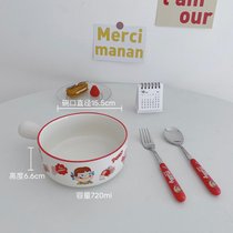 韩版ins风陶瓷泡面碗宿舍用学生可爱麦片沙拉甜品碗大容量手柄碗(不二家碗加深款+勺叉套装)