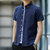 2021夏季男士韩版修身牛津纺短袖衬衫 新款男士青年休闲纯色衬衣(M 藏青色)