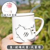 猫咪马克杯带盖勺陶瓷杯子创意个性潮流办公室简约ins家用咖啡杯(小胖猫尾杯(盖+吸管+防尘塞) 收藏送杯垫和管刷)