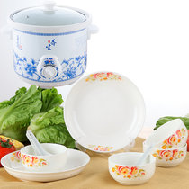 玟瑰4碗+4勺+2个8英寸盘+1.5升白炖锅骨瓷餐具套装青花瓷陶瓷器喝汤碗家用