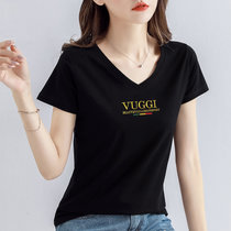 纯棉v领短袖t恤女2022年新款夏季女装修身气质半袖上衣体恤衫(黑色 M)