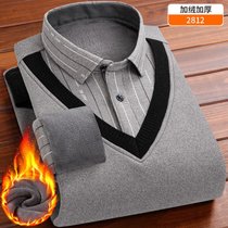 男士冬款加绒加厚假两件衬衫男长袖针织衫套头假两件加绒保暖衬衫(2812 XL)