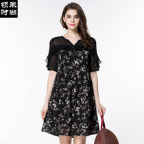 领米时尚 2017夏季女装新款大码显瘦荷叶边短袖雪纺连衣裙C7568(黑色 M)