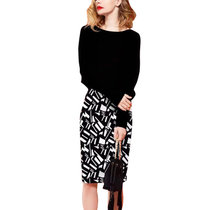 高冷御姐职业套装女2021春秋新款长袖T恤印花包臀裙子气质两件套(黑色+花色 XL)