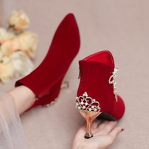 SUNTEK冬季婚鞋女短靴粗跟结婚鞋子加绒新娘鞋舒适低跟孕妇不累脚秀禾鞋(34 酒红色婚鞋细跟7厘米 加绒)