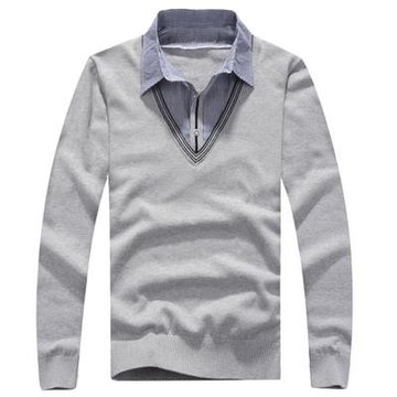 卡洛滨克 秋季男士毛衣套头假两件针织衫 韩版潮流线衣长袖毛衣(灰色 M)