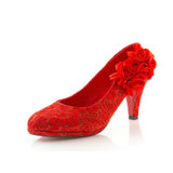 婚鞋红色中式蕾丝绣花防水台中高跟婚鞋新娘鞋结婚鞋红鞋旗袍鞋(红色 35)