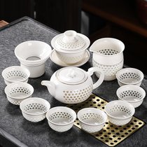 轻奢陶瓷镂空家用简约功夫茶具茶杯会客白瓷套装茶壶盖碗泡办公室(10头玲珑茶壶（8杯）+盖碗)