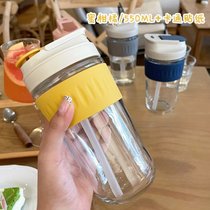 韩国ins风吸管玻璃水杯女高颜值带吸管创意冷萃网红牛奶咖啡杯子(双饮大号550ML-蜜柑橘+卡通贴纸)