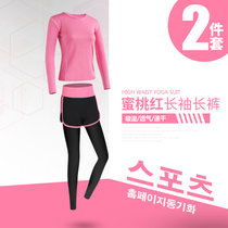 瑜伽服套装女  春夏秋短袖/长袖长裤跑步运动健身服两件套(玫红（长袖+长裤） XL)