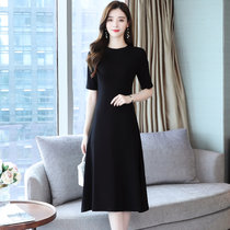 亿梦诗 连衣裙女时髦黑色洋气圆领短袖纯色中长裙收腰显瘦韩版裙子ET500(黑色 M)