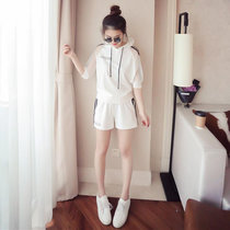韩依诺2017夏新款韩版卫衣套装五分袖连帽休闲运动套装女时尚宽松短裤两件套x8s902(白色 XL)