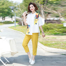 妈妈春装套装2022新款洋气高贵中年妇女小衫中老年女夏装中袖上衣(黄色 5XL建议（145-155）斤)