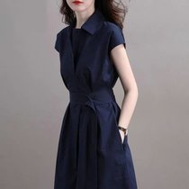 裙子新款2022年收腰显瘦时尚名媛气质法式设计感小众衬衫连衣裙女(藏青色 XL)