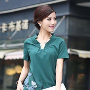 2013春夏新款女装杭派女装简约时尚V领印花纯色短袖衬衫(绿色 XL)