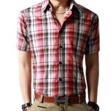 厉织造（Lihomme）新款夏装防免烫皱男短袖格子衬衫 衬衫衬衣 随风(红黑格 XL)