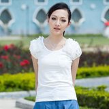 特尚莱菲韩版淑女装立体玫瑰花朵莱卡棉短袖修身女T恤(白色)