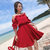 女夏季红色露肩一字肩连衣裙高腰修身2018新款吊带裙子(红色(如图) XL)