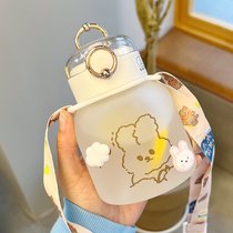 水杯女生高颜值可爱带吸管大人礼物玻璃杯ins风2021新款奶瓶杯子(Hello   小兔480ml+斜挎绳+3D贴纸（款式随机）)