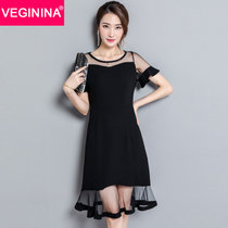 VEGININA 韩版拼接短袖圆领中长款显瘦时尚连衣裙 3182(图片色 5XL)