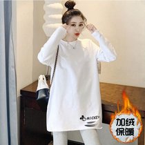 SUNTEK长袖白色t恤女秋冬洋气中长款ins打底衫2022春秋新款宽松上衣(L 加绒款【下摆mickey】)