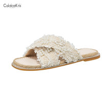 CaldiceKris （中国CK）波西米亚草编珍珠一字拖鞋CK-XV8-1(杏色 43)